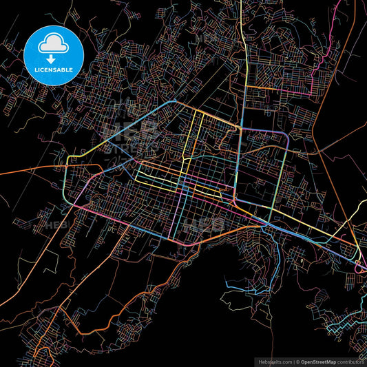 Iguala, Guerrero, Mexico, colorful city map on black background