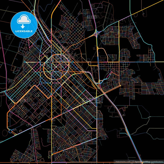 Delicias, Chihuahua, Mexico, colorful city map on black background