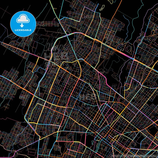 Ciudad de Villa de Álvarez, Colima, Mexico, colorful city map on black background
