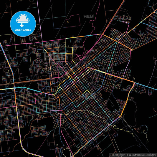 Ciudad Cuauhtémoc, Chihuahua, Mexico, colorful city map on black background