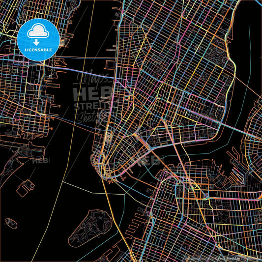 New York City, New York, United States, colorful city map on black background