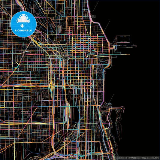 Chicago, Illinois, United States, colorful city map on black background