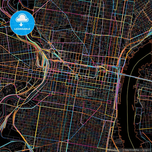 Philadelphia, Pennsylvania, United States, colorful city map on black background