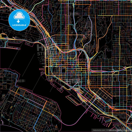 San Diego, California, United States, colorful city map on black background