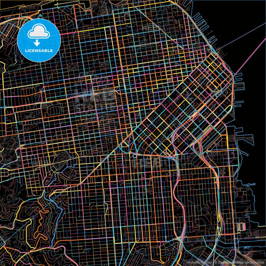 San Francisco, California, United States, colorful city map on black background