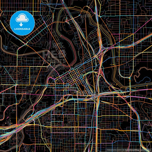 Fort Worth, Texas, United States, colorful city map on black background