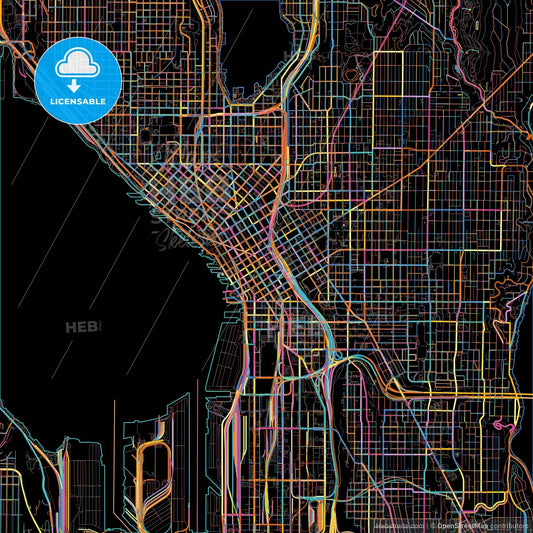 Seattle, Washington, United States, colorful city map on black background