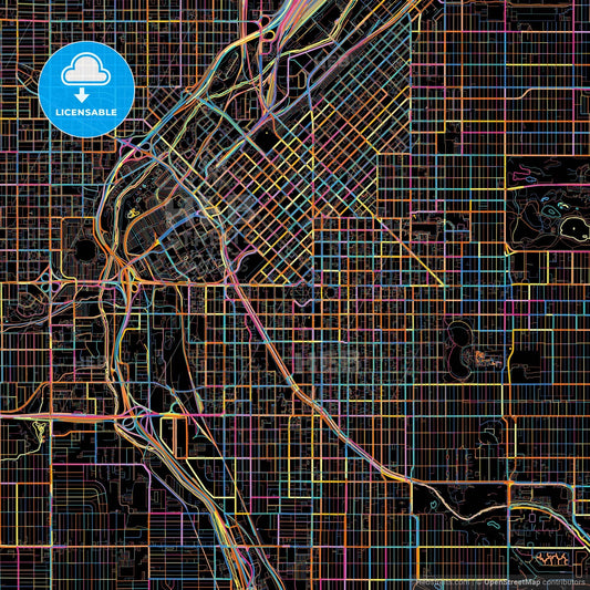 Denver, Colorado, United States, colorful city map on black background