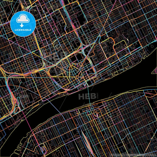 Detroit, Michigan, United States, colorful city map on black background