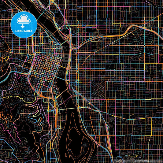 Portland, Oregon, United States, colorful city map on black background