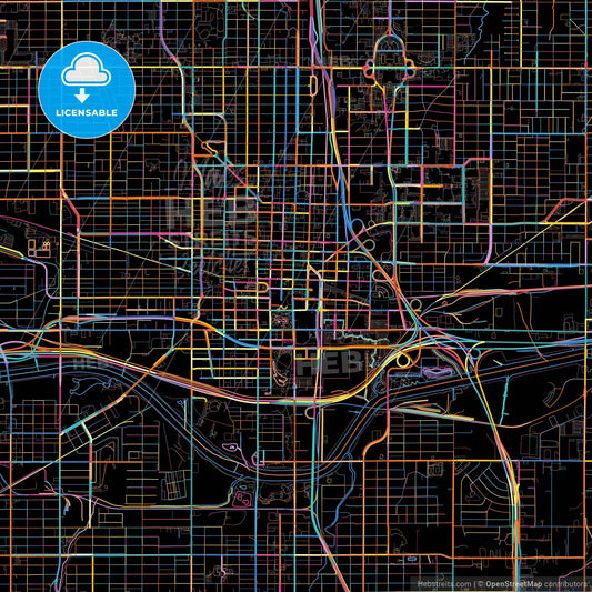 Oklahoma City, Oklahoma, United States, colorful city map on black background