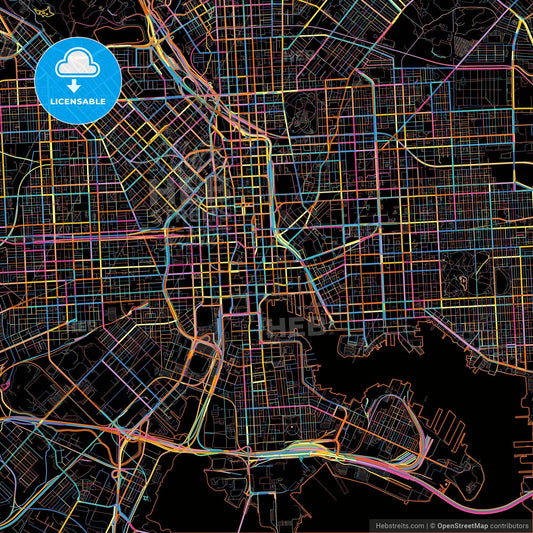 Baltimore, Maryland, United States, colorful city map on black background
