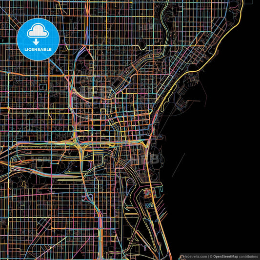 Milwaukee, Wisconsin, United States, colorful city map on black background