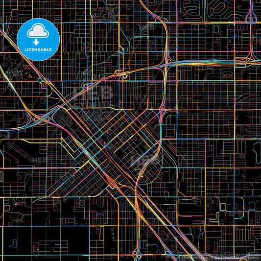 Fresno, California, United States, colorful city map on black background