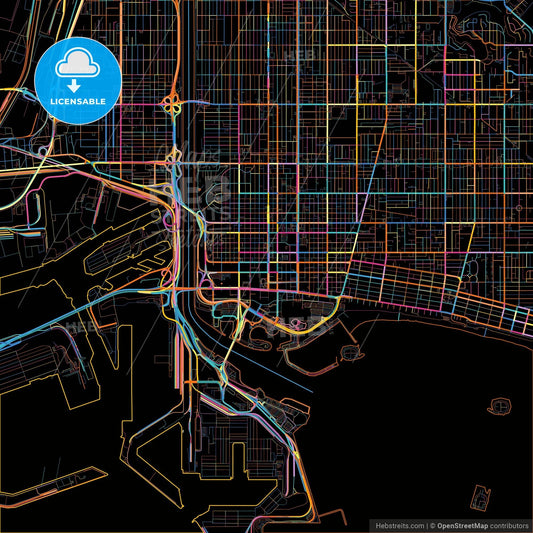 Long Beach, California, United States, colorful city map on black background