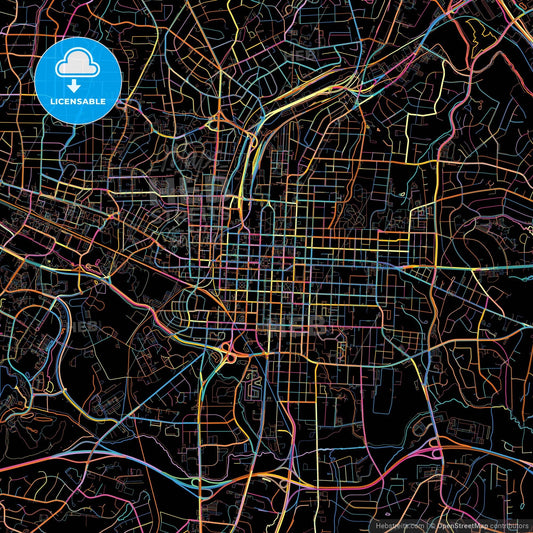 Raleigh, North Carolina, United States, colorful city map on black background