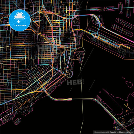 Miami, Florida, United States, colorful city map on black background