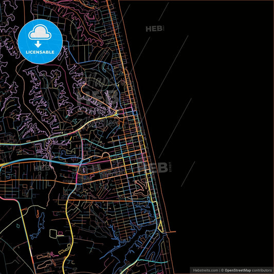 Virginia Beach, Virginia, United States, colorful city map on black background