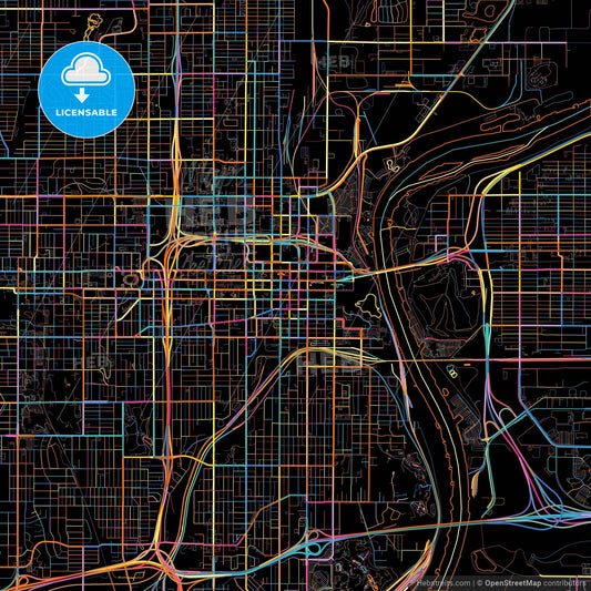 Omaha, Nebraska, United States, colorful city map on black background