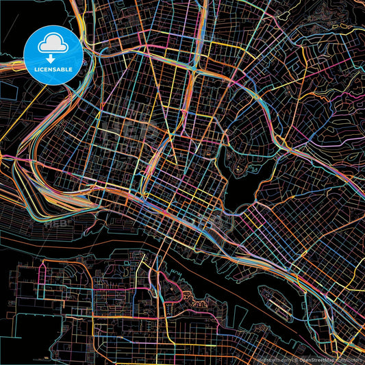 Oakland, California, United States, colorful city map on black background