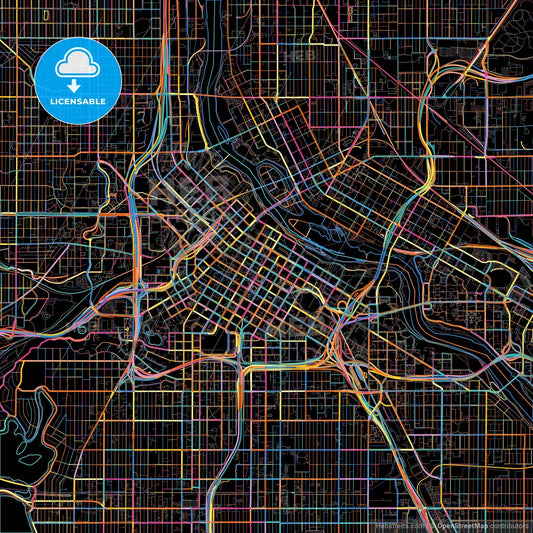 Minneapolis, Minnesota, United States, colorful city map on black background