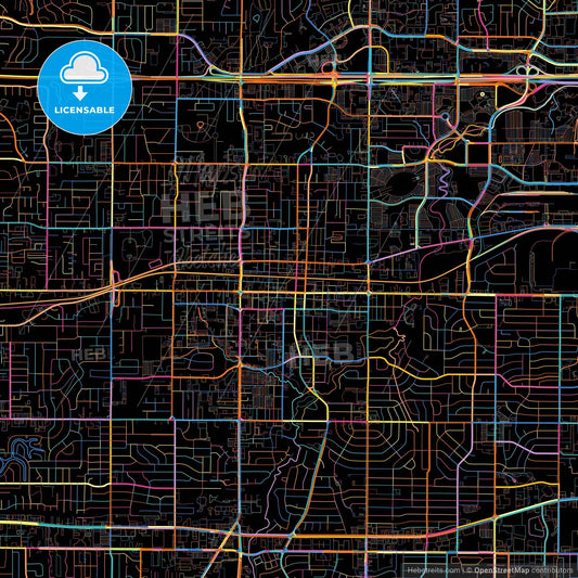 Arlington, Texas, United States, colorful city map on black background