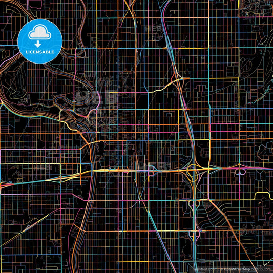 Wichita, Kansas, United States, colorful city map on black background