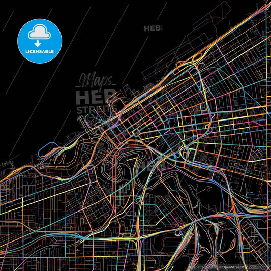 Cleveland, Ohio, United States, colorful city map on black background