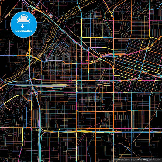 Bakersfield, California, United States, colorful city map on black background