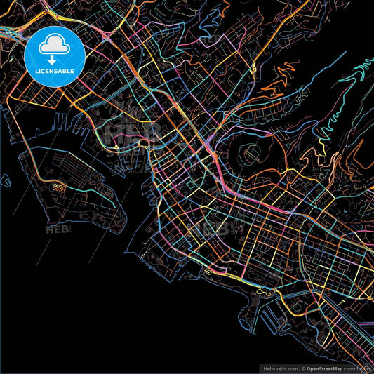 Honolulu, Hawaii, United States, colorful city map on black background