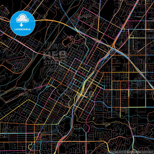 Riverside, California, United States, colorful city map on black background
