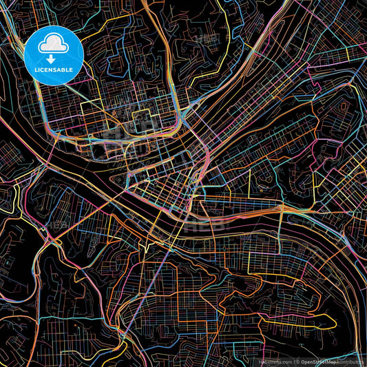 Pittsburgh, Pennsylvania, United States, colorful city map on black background