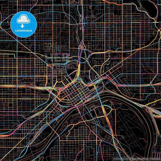 Saint Paul, Minnesota, United States, colorful city map on black background