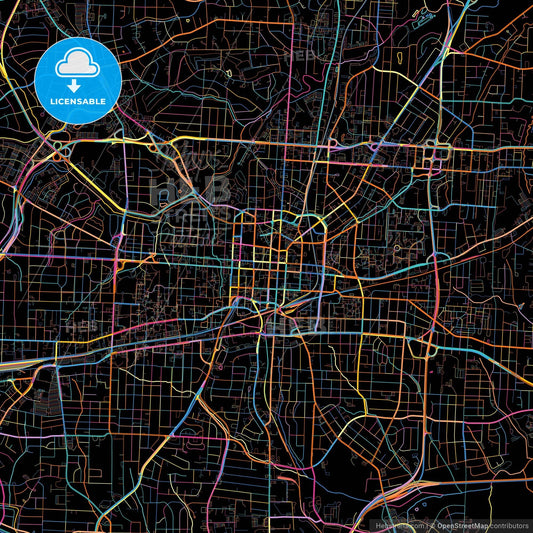 Greensboro, North Carolina, United States, colorful city map on black background