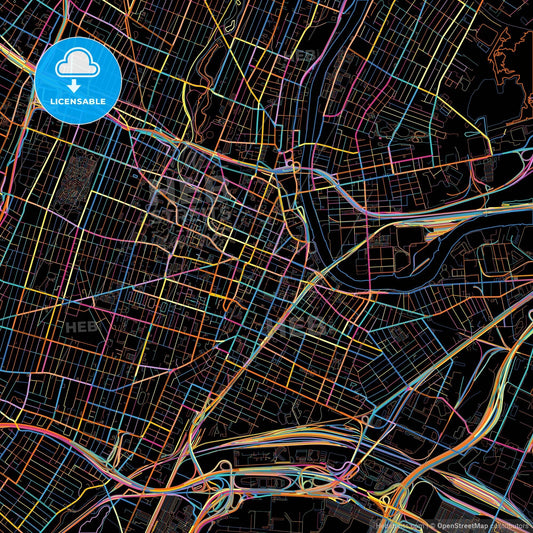 Newark, New Jersey, United States, colorful city map on black background