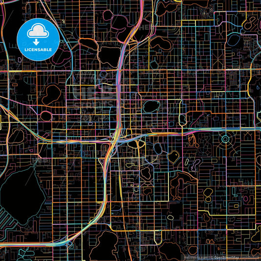 Orlando, Florida, United States, colorful city map on black background