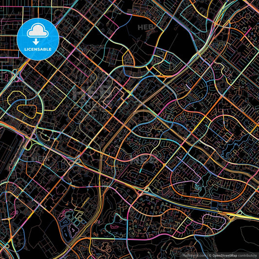 Irvine, California, United States, colorful city map on black background