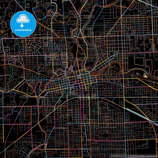 Fort Wayne, Indiana, United States, colorful city map on black background