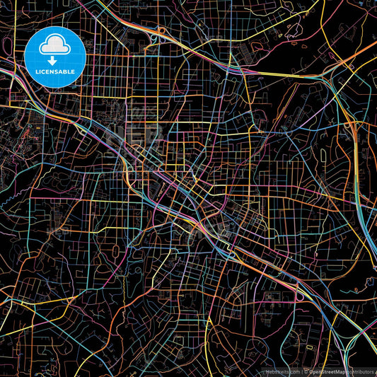 Durham, North Carolina, United States, colorful city map on black background