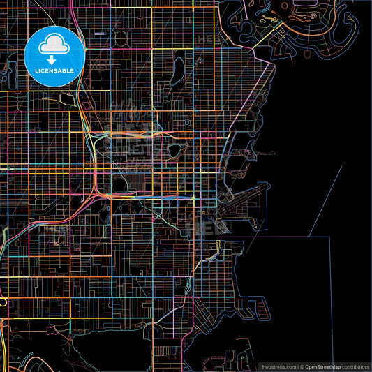 St. Petersburg, Florida, United States, colorful city map on black background