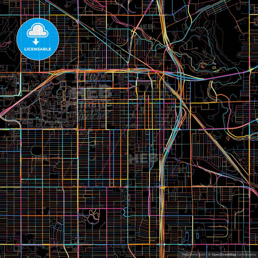 Lubbock, Texas, United States, colorful city map on black background