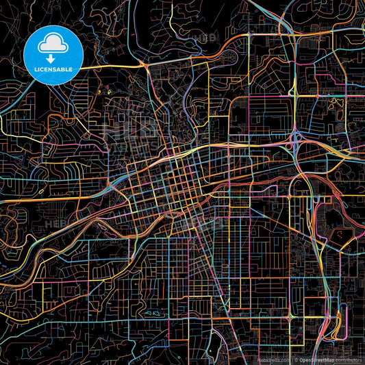 Reno, Nevada, United States, colorful city map on black background