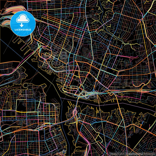 Norfolk, Virginia, United States, colorful city map on black background