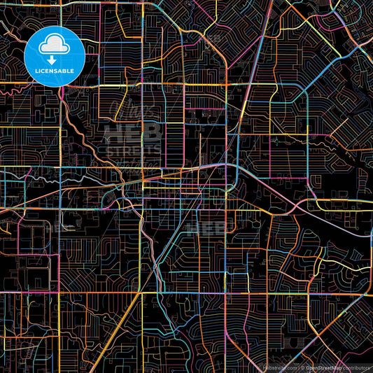Garland, Texas, United States, colorful city map on black background