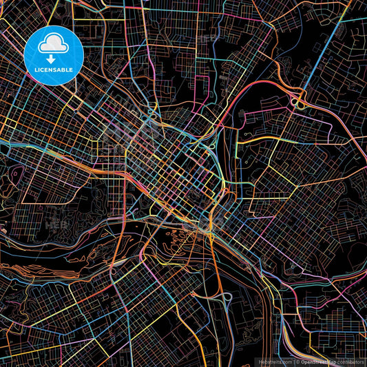 Richmond, Virginia, United States, colorful city map on black background