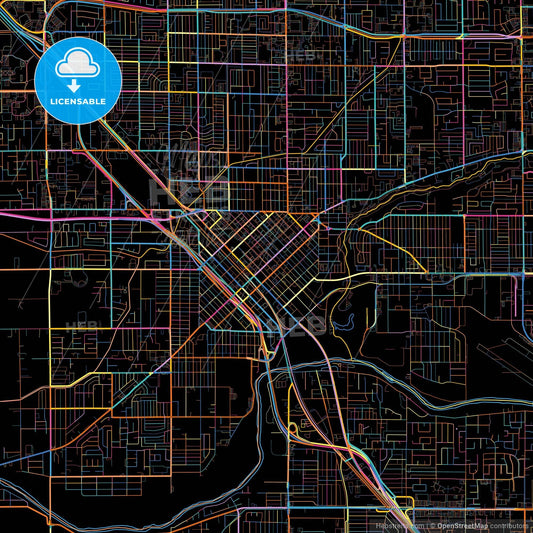 Modesto, California, United States, colorful city map on black background