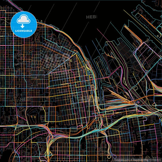 Tacoma, Washington, United States, colorful city map on black background