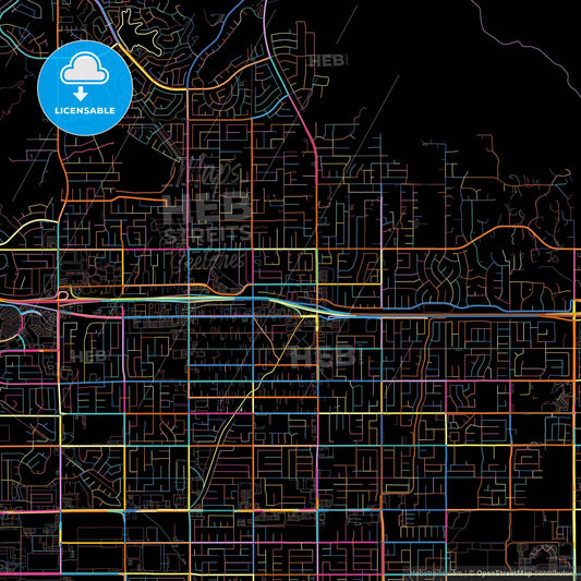 Moreno Valley, California, United States, colorful city map on black background