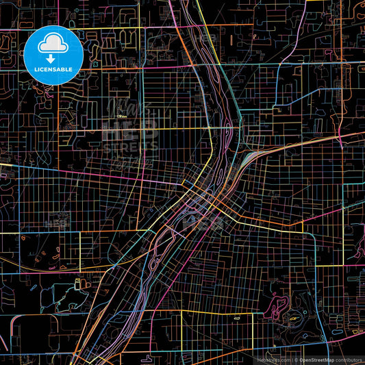 Aurora, Illinois, United States, colorful city map on black background