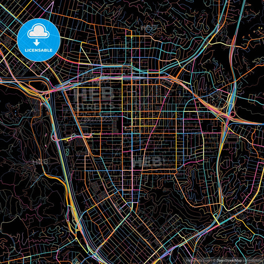 Glendale, California, United States, colorful city map on black background